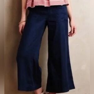 Anthropologie Level 99 Navy wide leg cropped culottes linen stretch size 28P